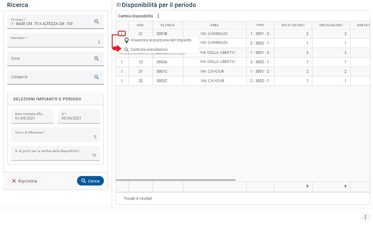 Altre azioni: visualizzare su Google Maps la posizione dell'impianto oppure controllare le prenotazioni già associate allo stesso.