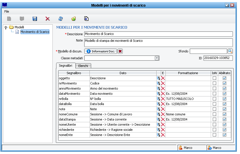 Configurazione dei segnalibri (Modello per movimenti di Scarico)