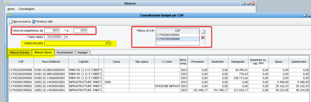 Consultazione budget per CUP