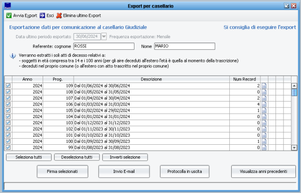 Export Deceduti casellario