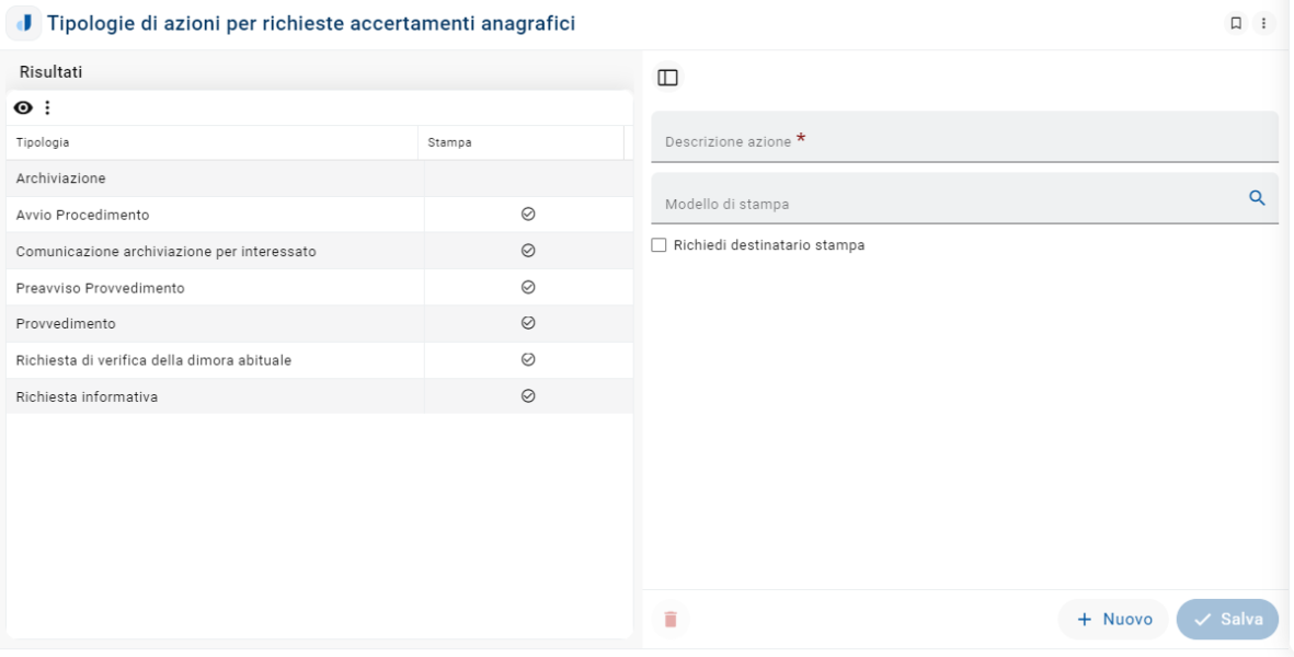 Tipologie di azioni per richieste accertamenti anagrafici